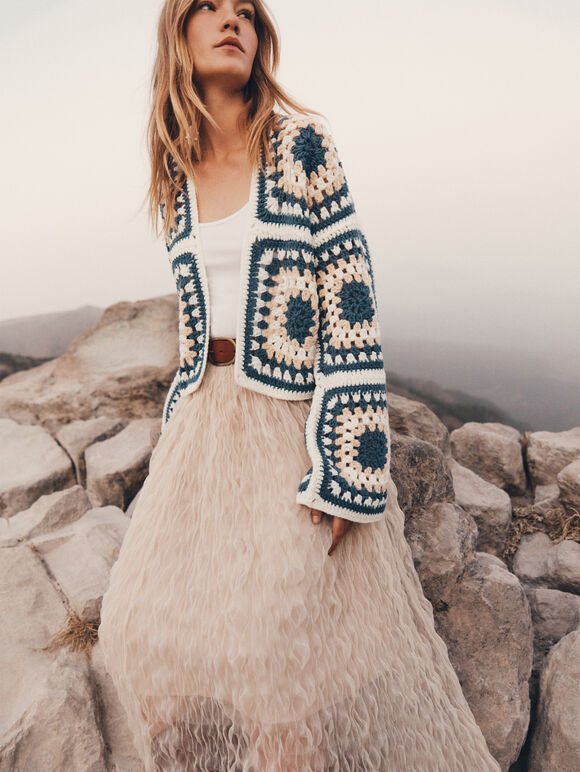 Hand-Knit Crochet Squares Cardigan, Cream, large