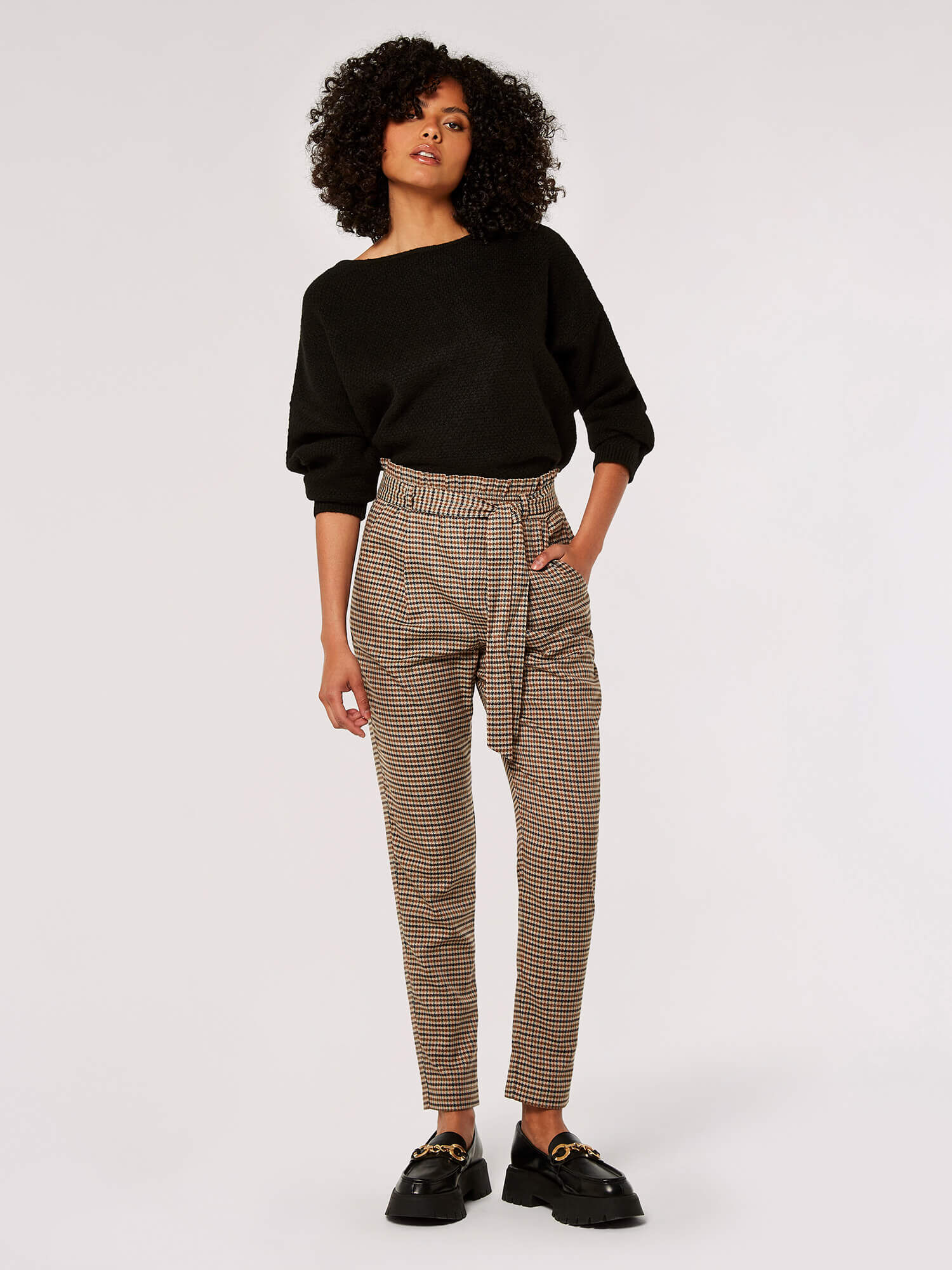 Slim Fit Check Paperbag Trousers Apricot Clothing