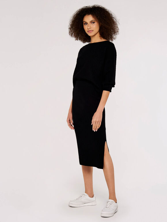 Vertical Rib Side Split Skirt, Black, large