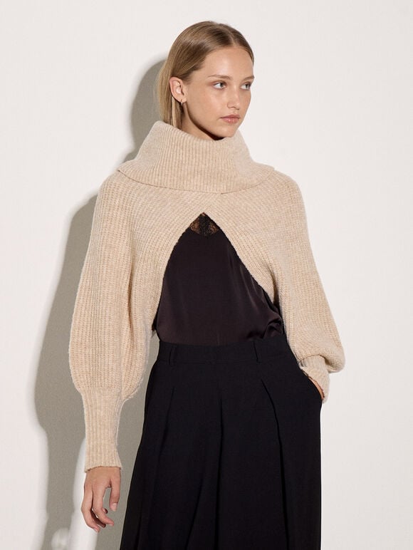 Fisherman Knit Cape Bolero, Stone, large