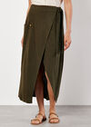 Linen Blend Wrap Midi Skirt, Green, large