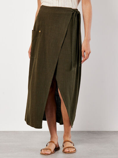 Linen Blend Wrap Midi Skirt
