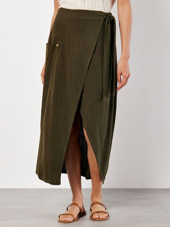 Linen Blend Wrap Midi Skirt, Green, large