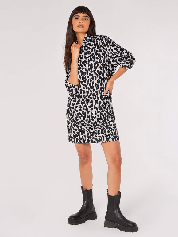 Cheetah Mock Neck Mini Dress, Grey, large