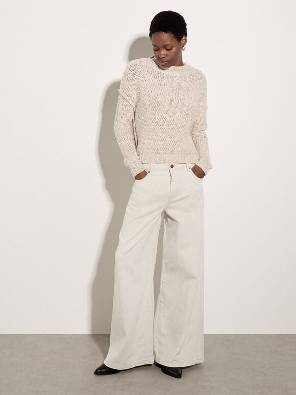 Mock Neck Textured Chunky Jumper, Stone, large