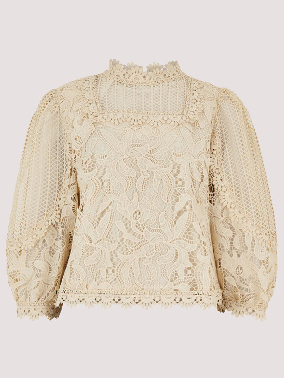 Puff Sleeve Floral Lace Top, Stone, large