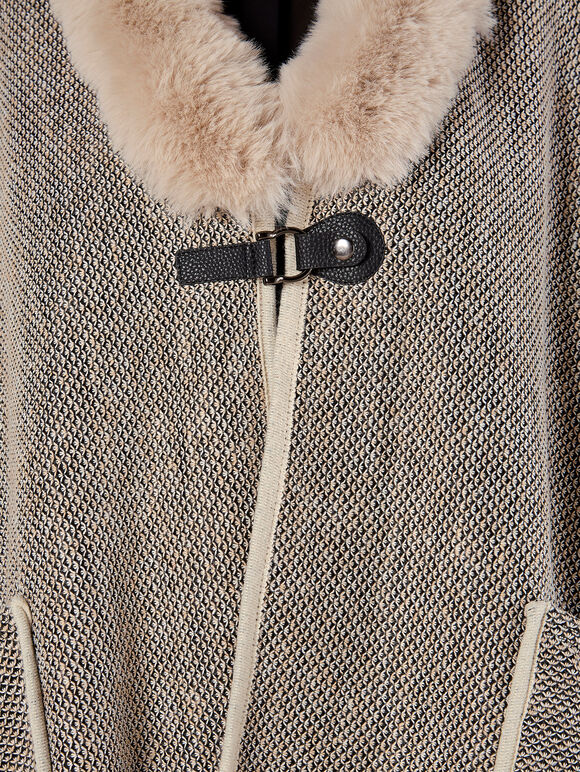Heritage Texture Faux Fur Lined Cape, Stone, large