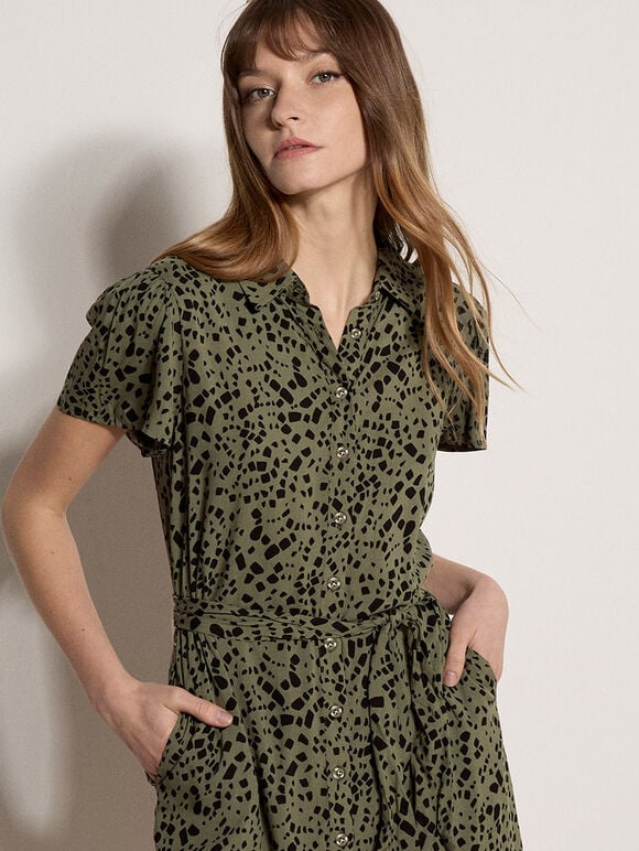 Scattered Squares Shirt Mini Dress, Khaki, large