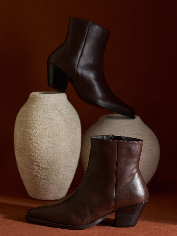Short Heeled Pointed Boots, Brown, large