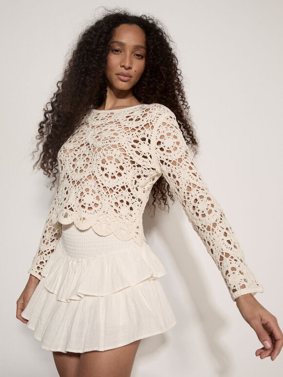Boho Floral Cotton Crochet Top, Stone, large