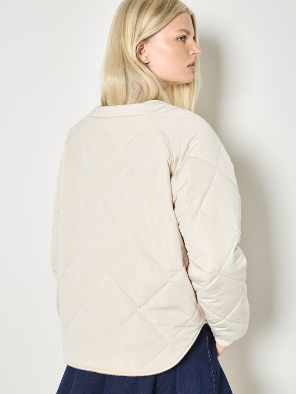 Reversible Check Fleece Quilted Jacket, Stone, large