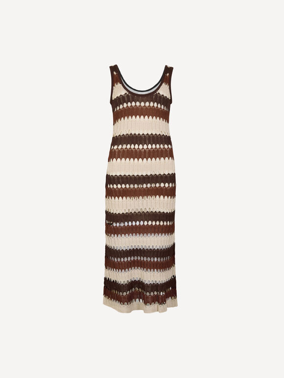 Crochet Stripe Midaxi Dress, Brown, large