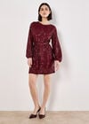 Chevron Sequin Belted Mini Dress, Burgundy, large