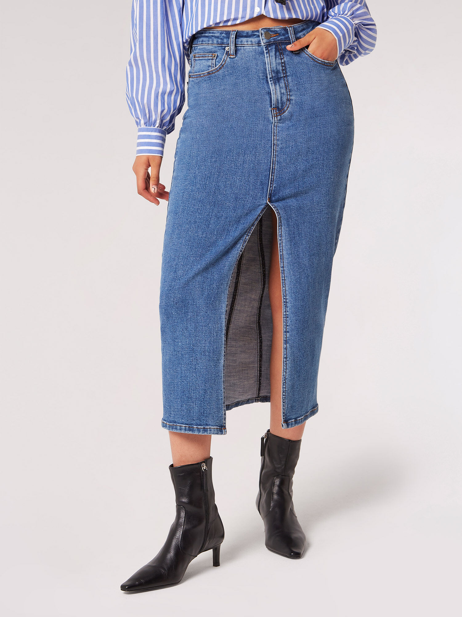 【BAON】Purderie denim midi skirt Frayed Pleated Denim Midi Skirt – Ashley Stewart