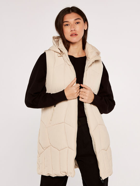 Hooded Zip Puffer Gilet, Stone, large
