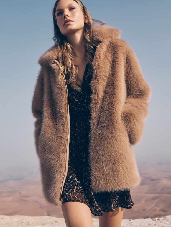 Soft Faux Fur Zipped Jacket, Brown, large