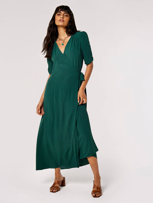 Puff Sleeve Wrap Maxi Dress, Green, large