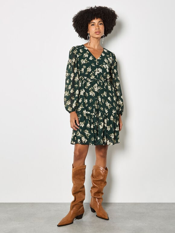Chiffon Floral Print Mini Dress, Green, large