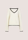 Cable Knit Tipped Cricket Jumper, White, large