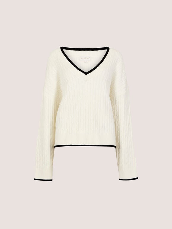Cable Knit Tipped Cricket Jumper, White, large