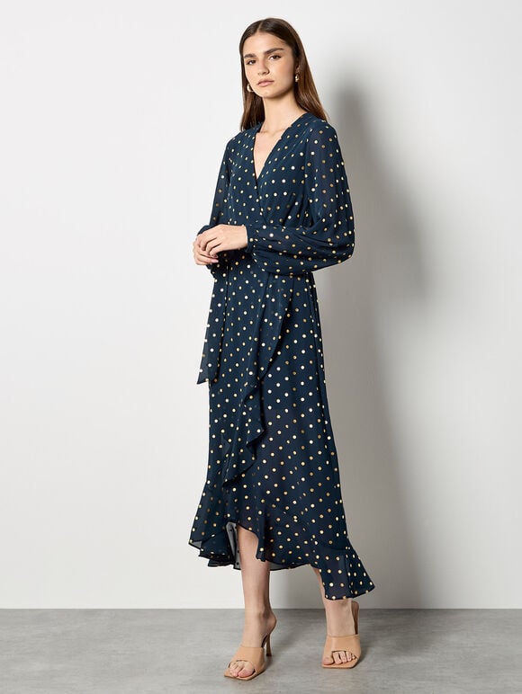 Gold Foil Polka Dot Chiffon Maxi Dress, Navy, large