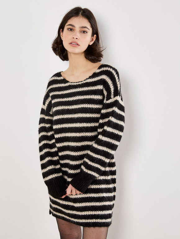 Oversized Stripe Jumper Mini Dress, Black, large