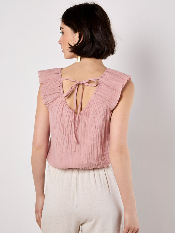 Sheer Crinkle Bubble Hem Crop Top, Pink, large