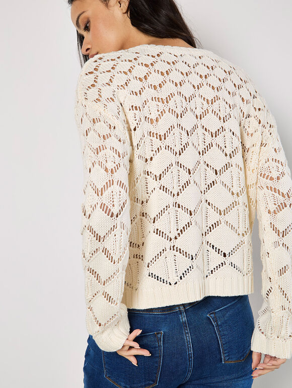 Diamond Pointelle Boxy Jumper, Cream, large