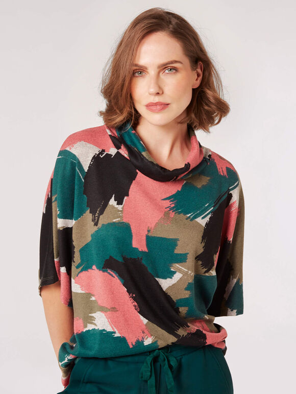 Paint Stroke Cowl Neck Top, Khaki, large