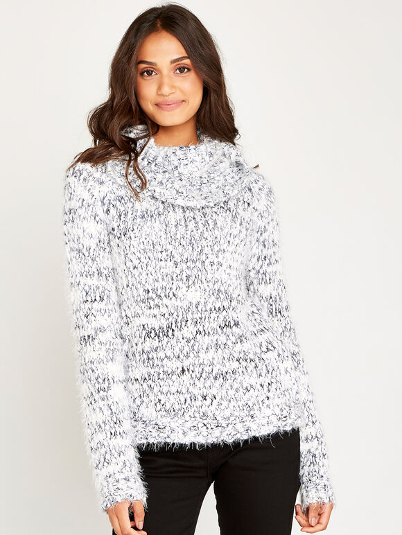 Chunky Cowl Neck Jumper, Blue, large