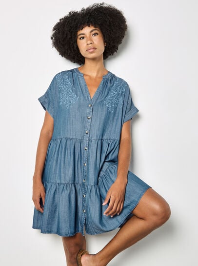 Embroidered Denim Tiered Mini Dress