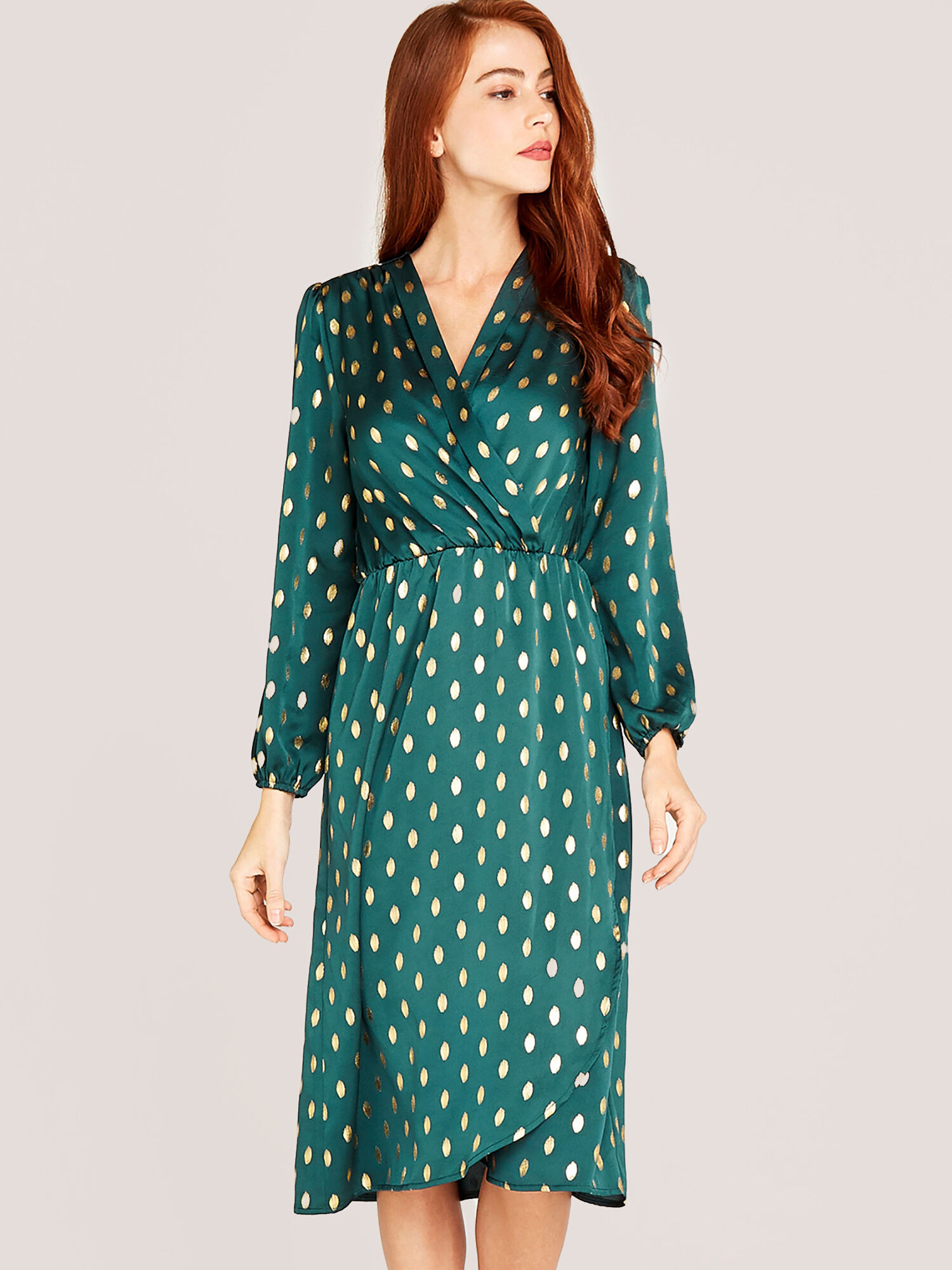 Metallic Gold Spot Midi Dress Apricot Clothing