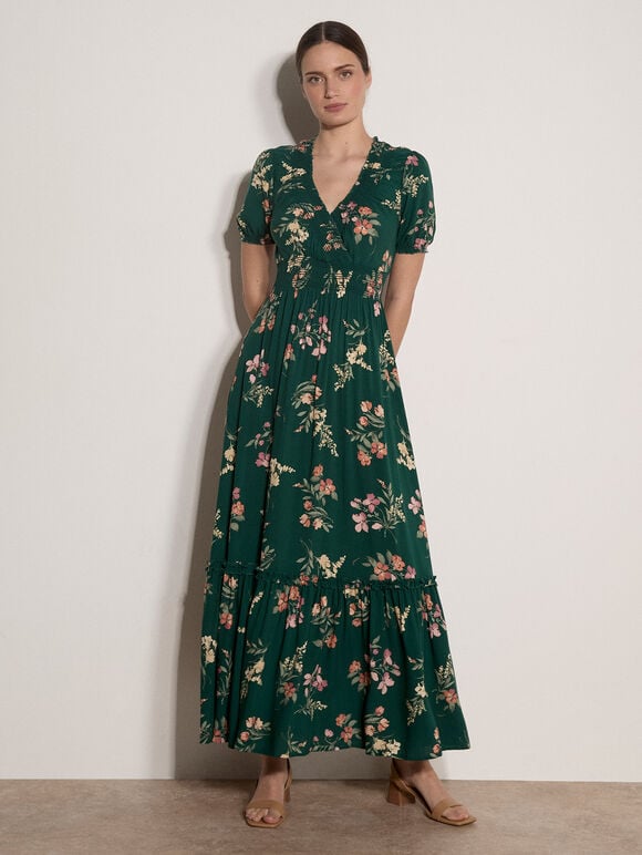 Watercolour Floral Maxi Dress, Green, large
