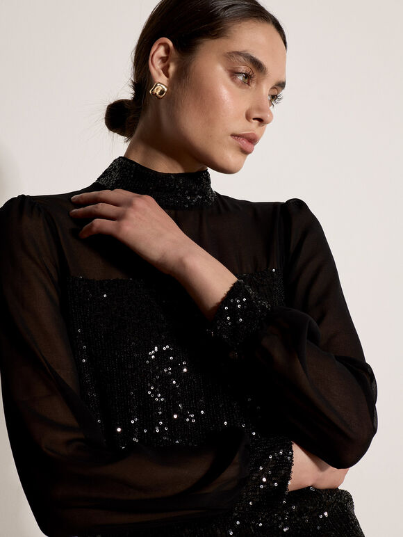 Sequin Embellished Chiffon Top, Black, large