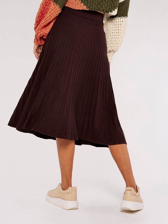 Pleated Midi Skirt, Brown, large