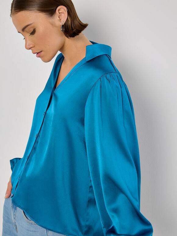 Soft Satin Shirt, Blue, large