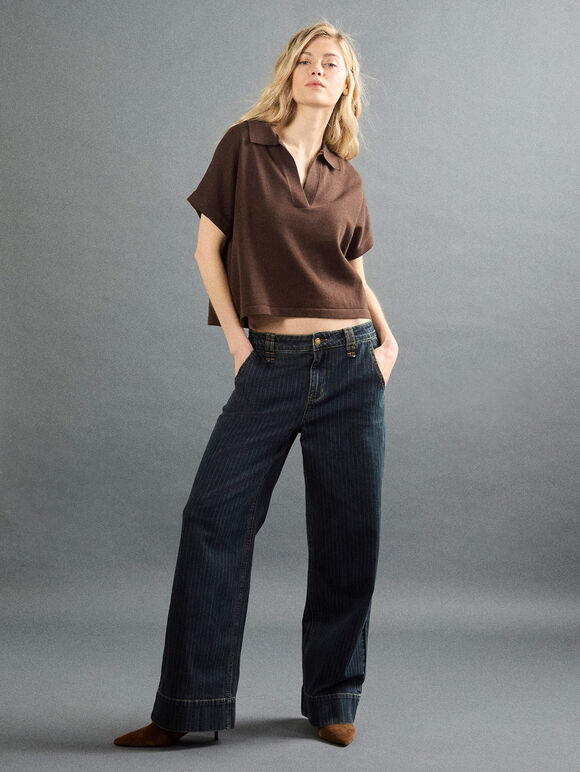 Pinstripe Wide-Leg Denim Jeans, Navy, large