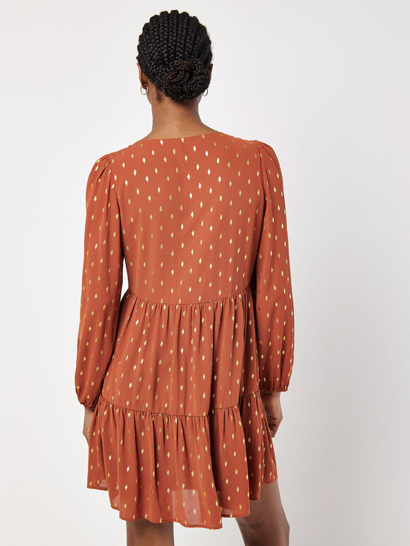 Gold Foil Mini Dress, Rust, large