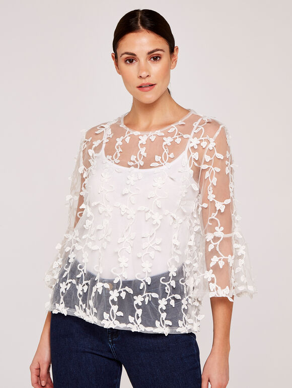 Lace Applique Mesh Top, Cream, large