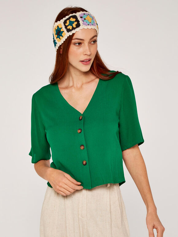 Button Front Crop Top, Green, large