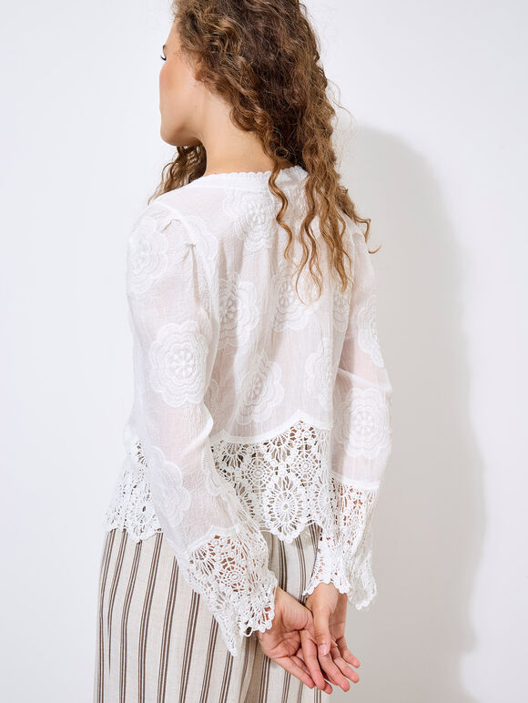 Embroidered Daisies Crochet Lace Top, White, large