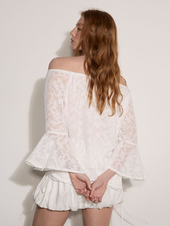 Jacquard Chiffon Bardot Top, White, large