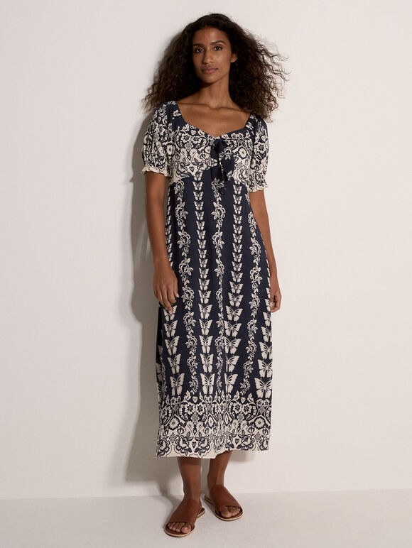 Butterfly Border Print Midi Dress, Navy, large