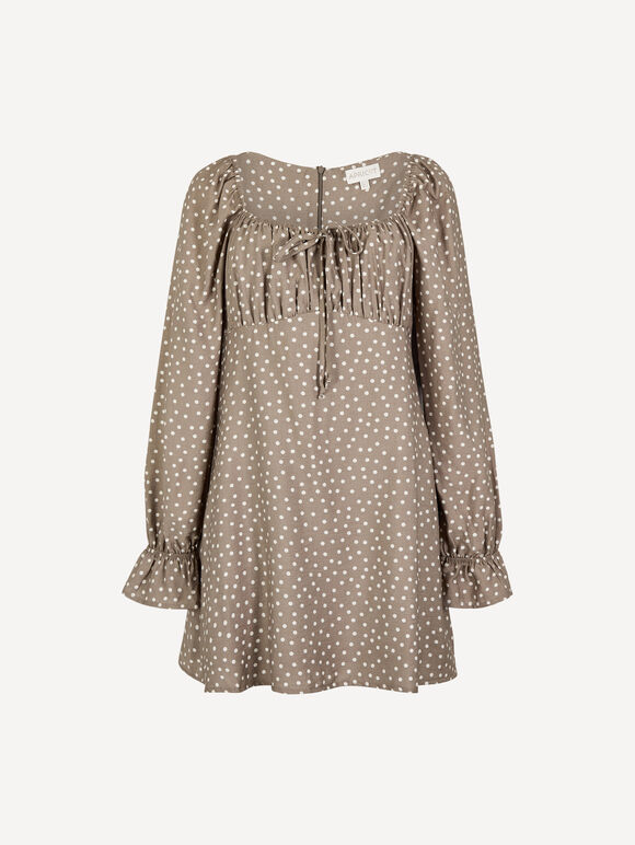 Polka Dot Milkmaid Mini Dress, Stone, large