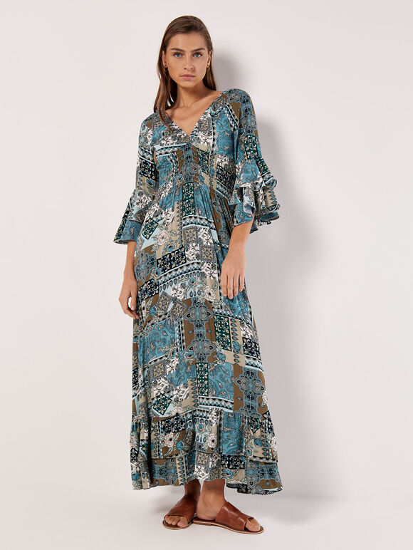 Robe Maxi à Imprimé Écharpe Patchwork, Bleu, grand