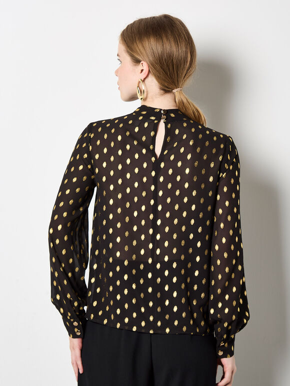 Gold Foil Print Crepe Top, Black, large