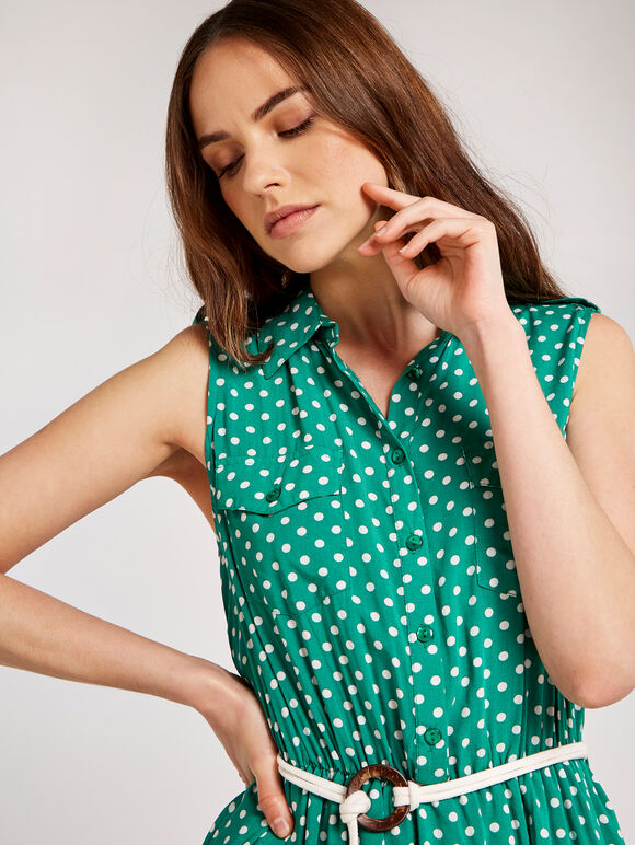 Polka Dot Midi Shirt Dress, Green, large