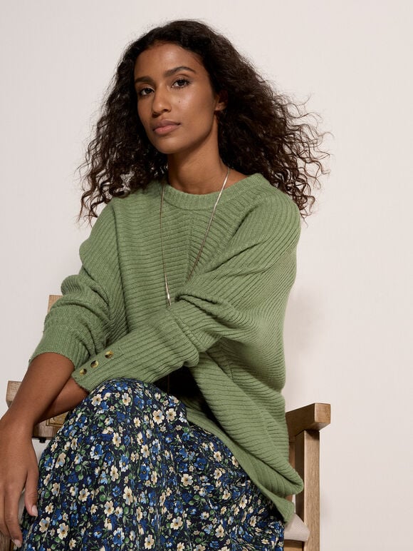 Chevron Knit Batwing Jumper, Green, large