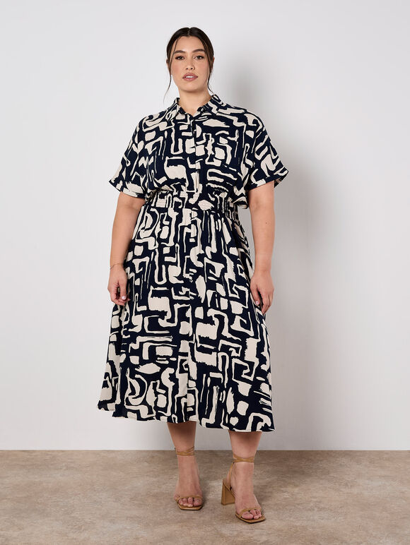 Geo Grecian Shirt Midi Dress, Navy, large