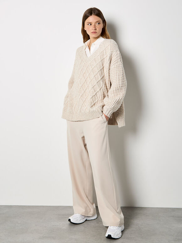 Cable Knit Oversized Chunky Jumper, Stone, large